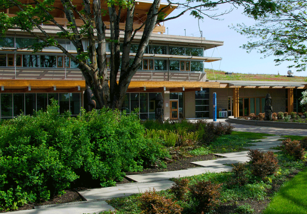 Cowichan campus from garden at the totem entrance.