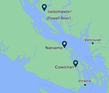 Map of southern Vancouver Island showing VIU campuses